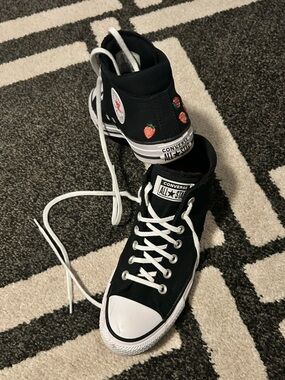 Converse Black mid Top Sneakers with Strawberry Embroidery
